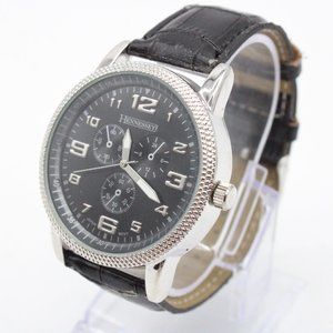 HENNESSEY Watch Mens Silver Tone Stainless Steel Classic Black Dial Leather Band